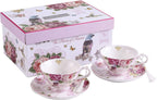 Coffee Tea Cup and Saucer Set 2 Shabby Chic Vintage Flora Porcelain Set Gift Box (Pink Bird Rose)