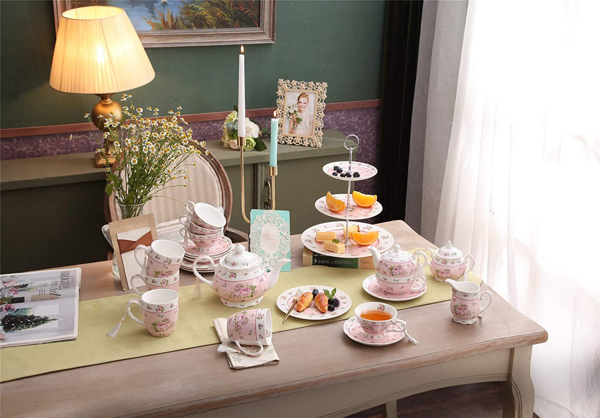 Coffee Tea cups and Saucers set of 2 Vintage Flora Rose Lavender Porcelain Gift Box (Rose Pink 2pc Set)