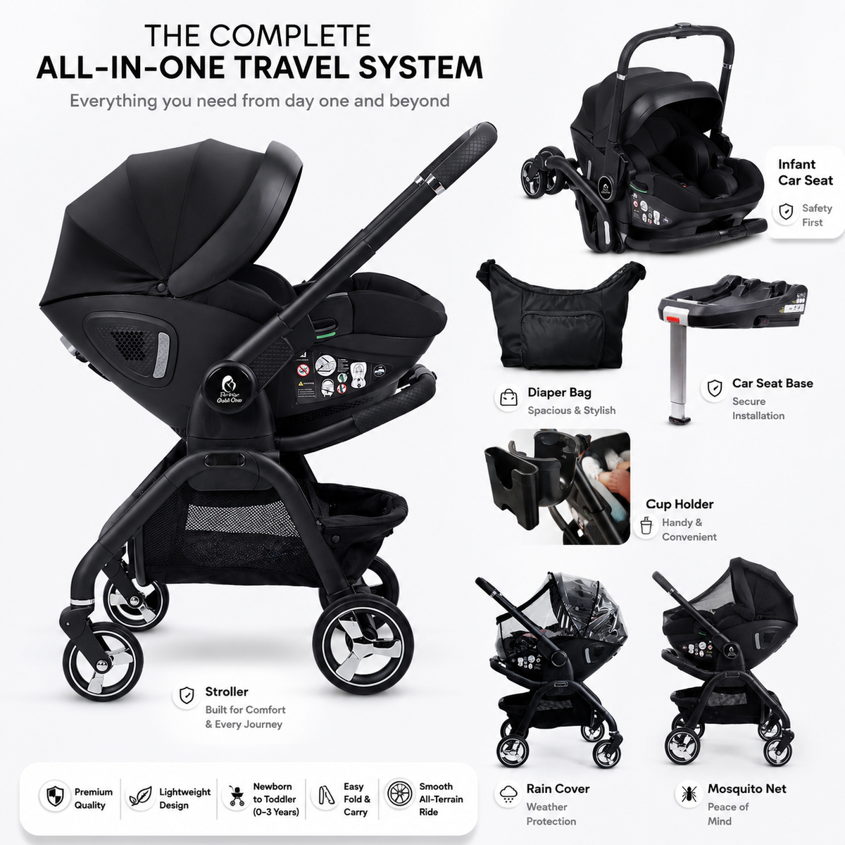 For Your Little One Qubi Infant Car Seat Stroller 7 Piece Bundle - Eclipse Black