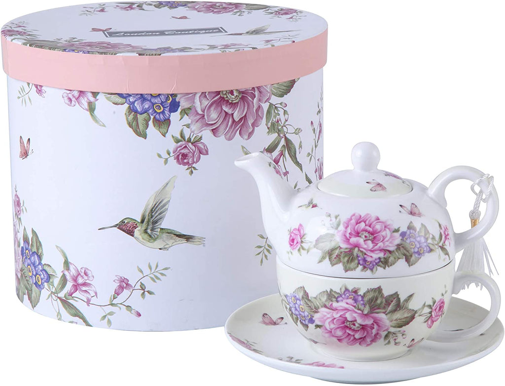 Tea for One Teapot Cup suacer Set Shaby Chic Flora Bird Rose Butterfly Porcelain Gift Box (Beige/Cream)