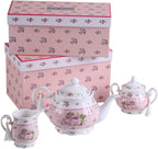 Christmas New Year Family Party Set Special 3 Tier Cake Stand Teapot Milk Jug 4 Cups 4 Saucers (Pink Rose)