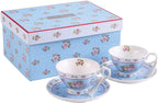 Coffee Tea Cups and Saucers Set of 2 Vintage Flower Flora Rose Lavender Gift Box
