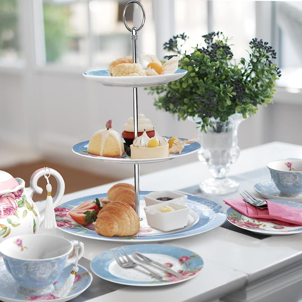 Mothers Day Coronation PartyAfternoon Tea Coffee Cake Set with- 3 Tier Cake Stands 2 Cups 2 Saucers 4 Plates (Blue)