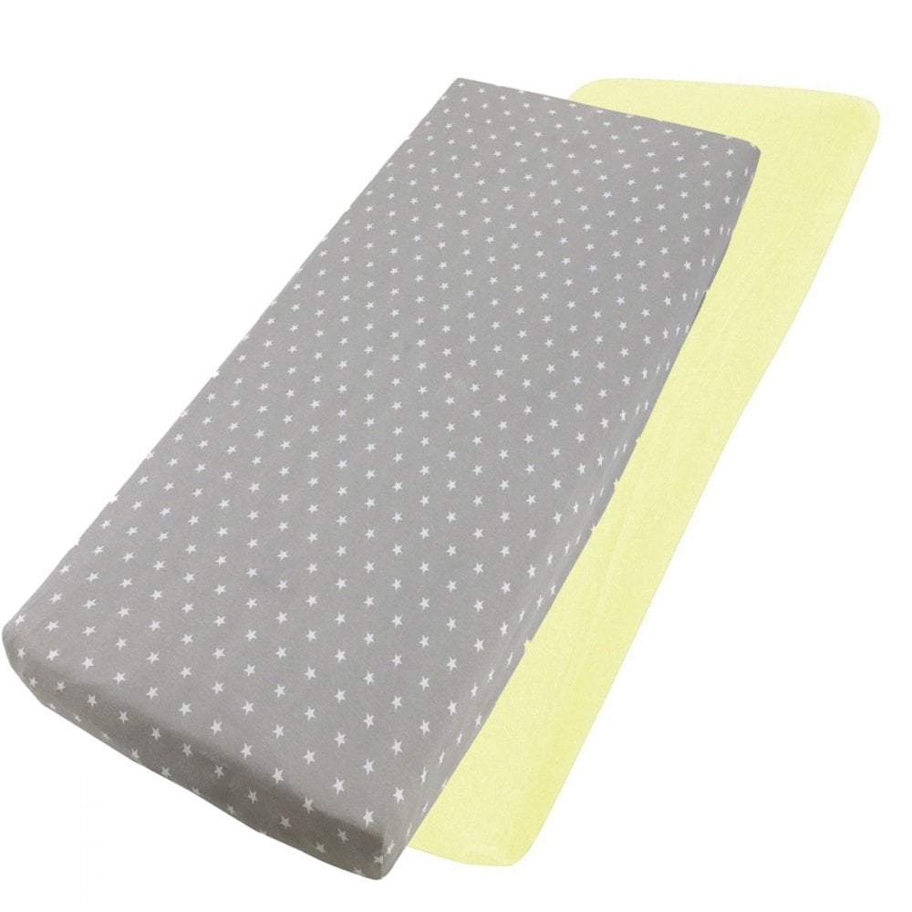 Grey dotted and yellow cotton jersey crib fitted sheets on a white background