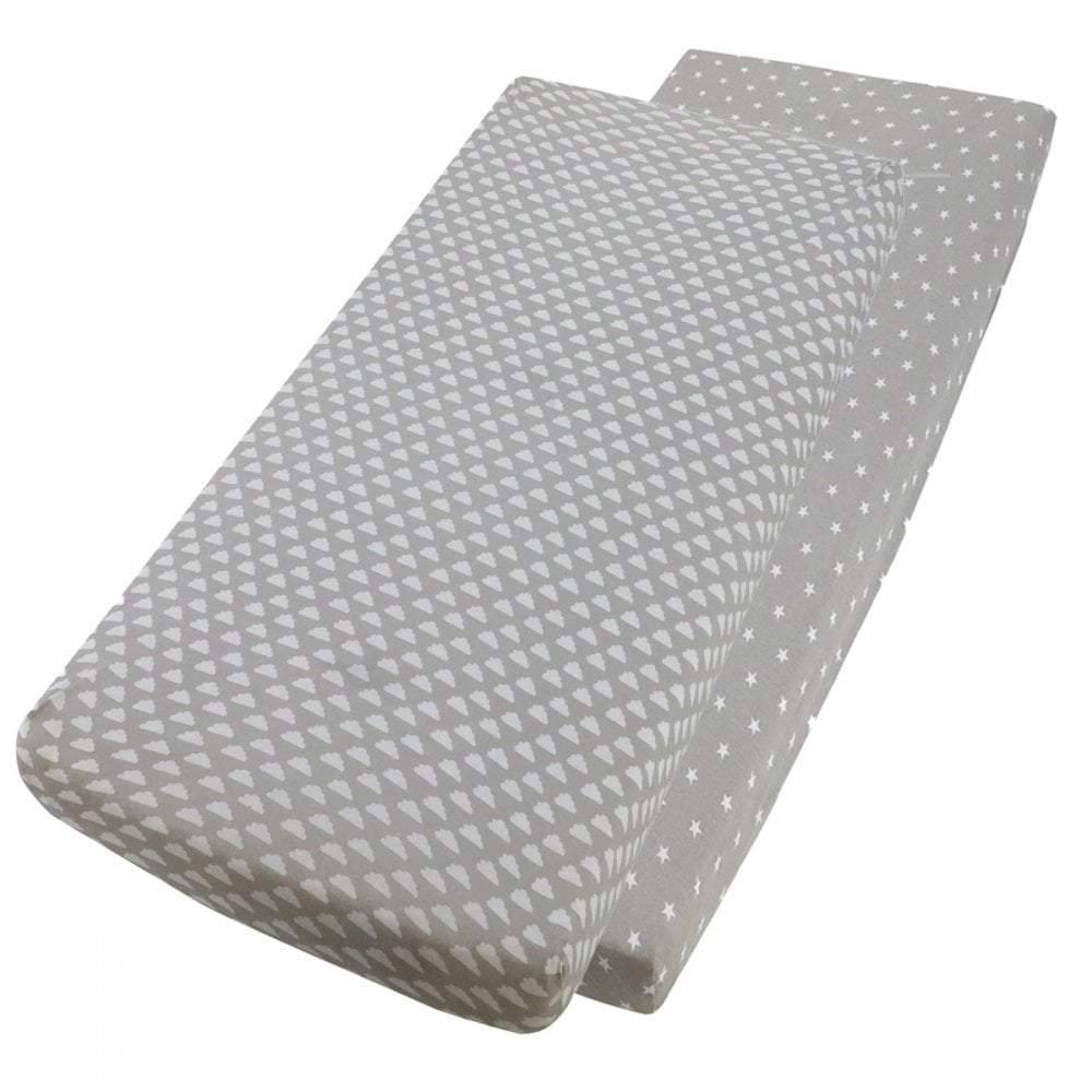Grey star-patterned and grey cotton jersey crib fitted sheets on a white background