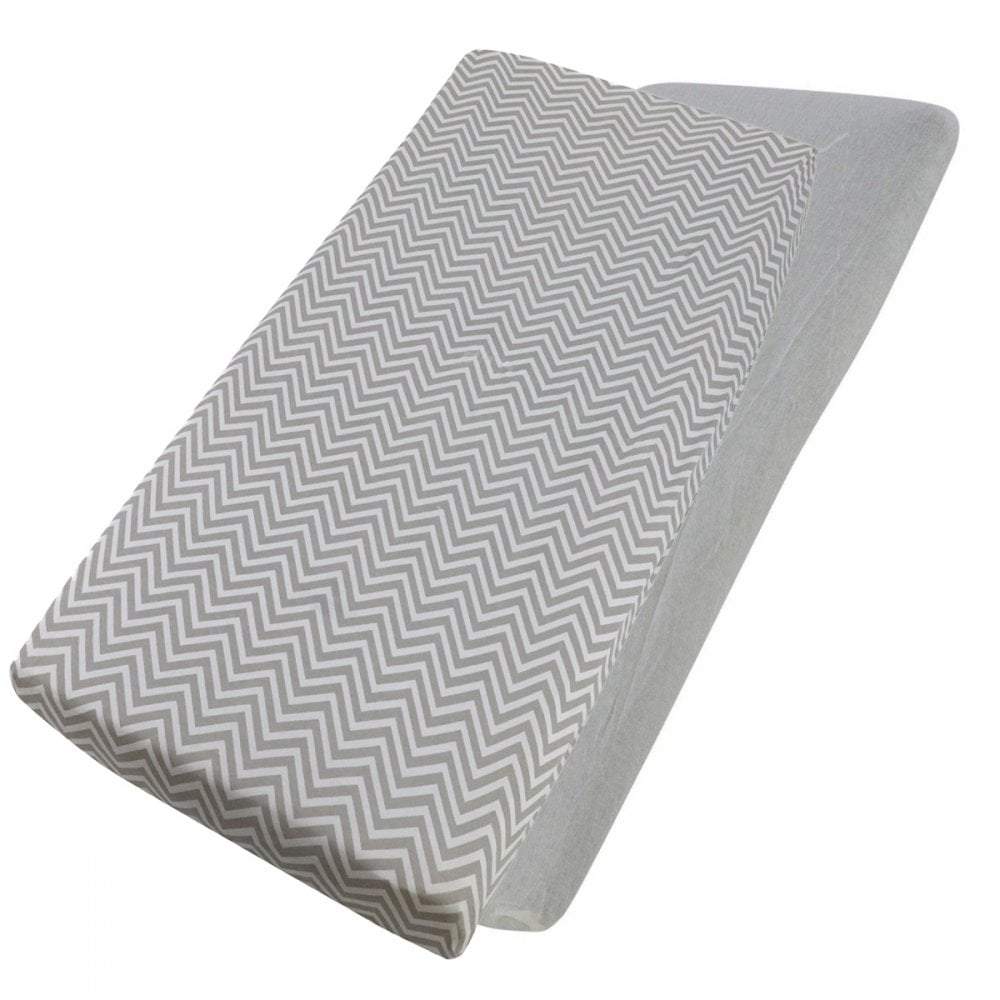 Grey chevron-patterned cotton jersey crib fitted sheet on a white background