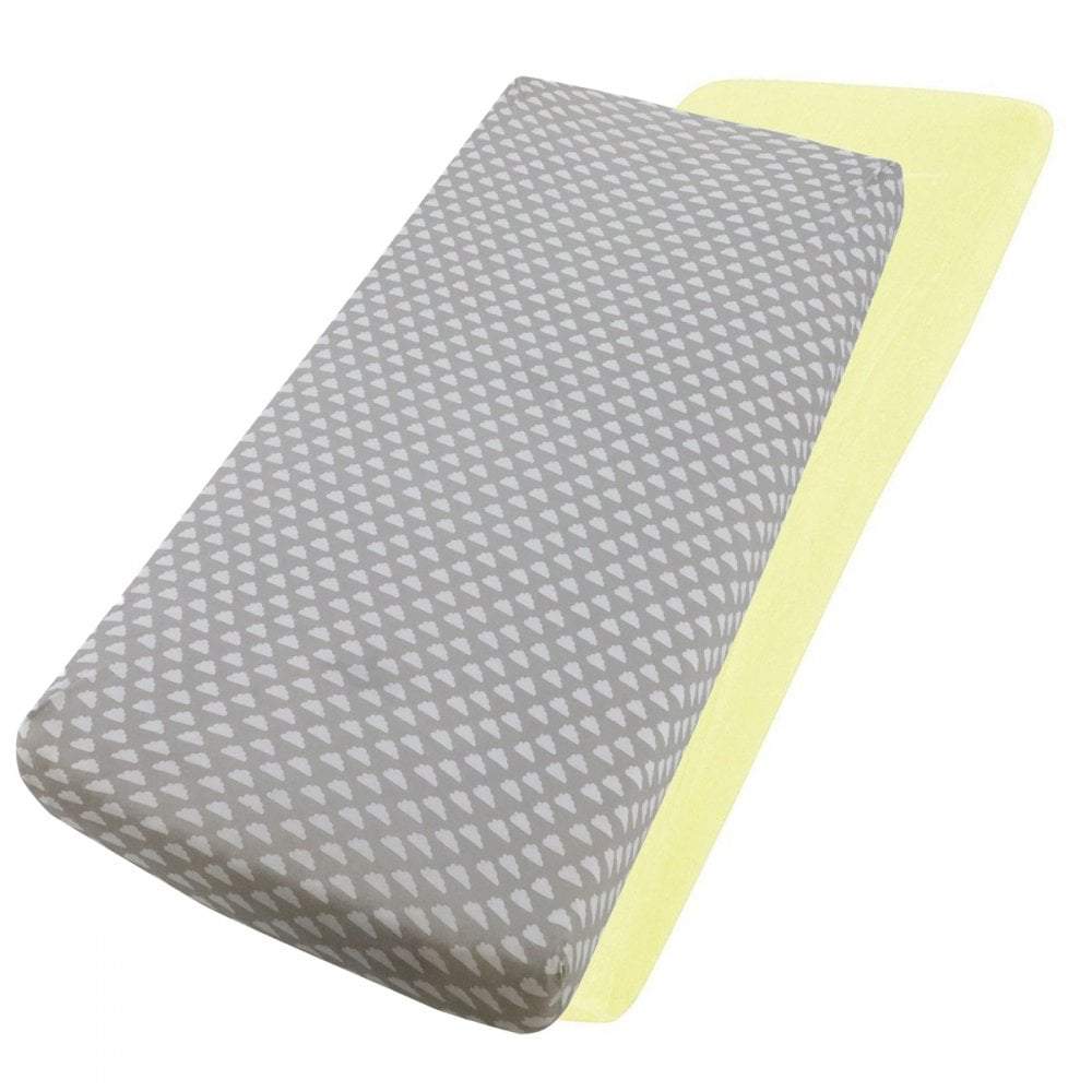 Grey star-patterned and yellow cotton jersey crib fitted sheets on a white background