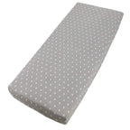 Grey dotted cotton jersey crib fitted sheet on a white background