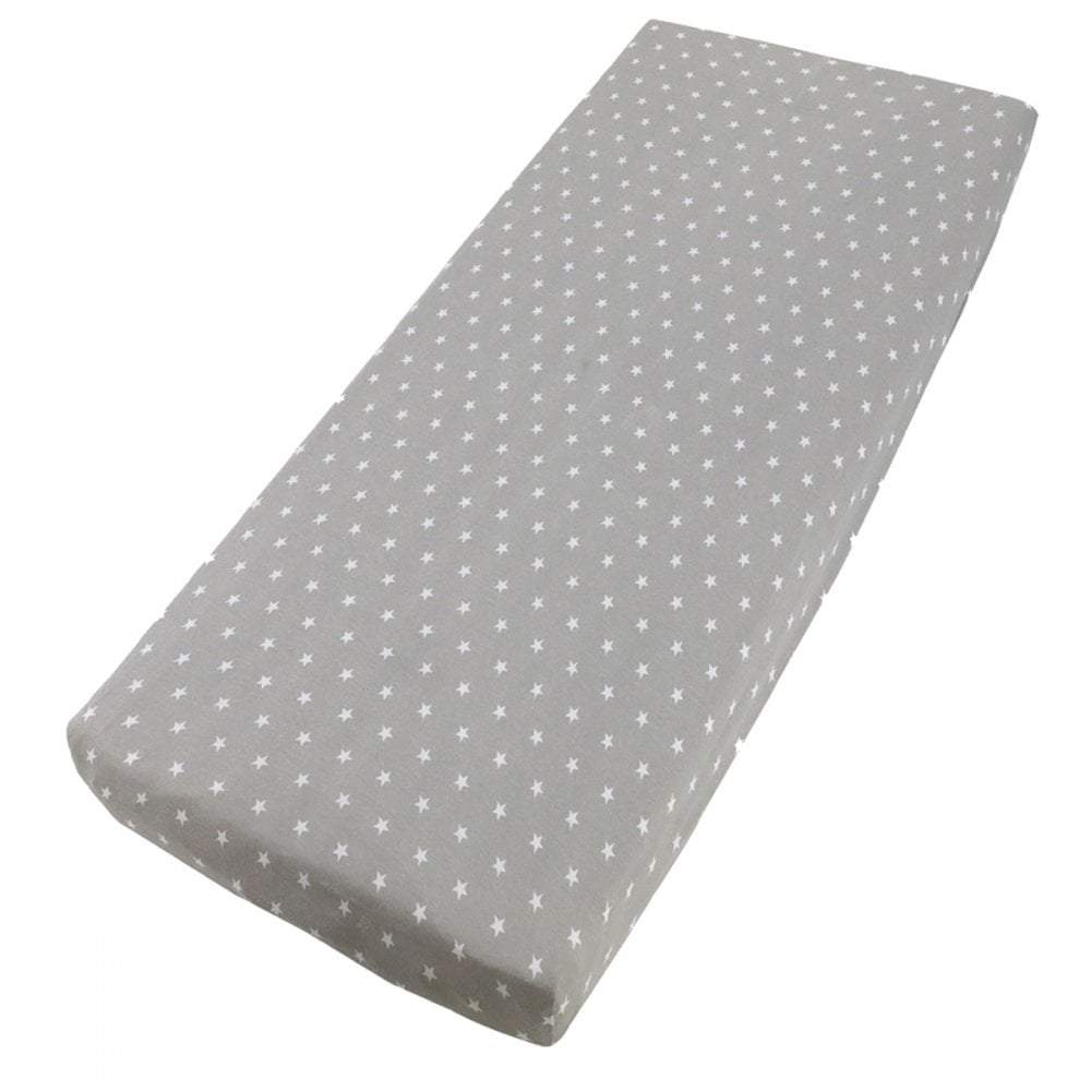Grey dotted cotton jersey crib fitted sheet on a white background