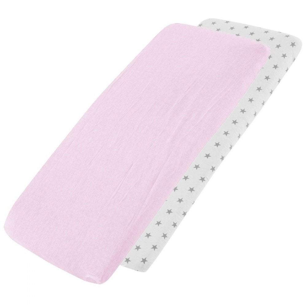 Pink and white star-patterned cotton jersey crib fitted sheets on a white background