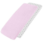 Pink and white star-patterned cotton jersey crib fitted sheets on a white background