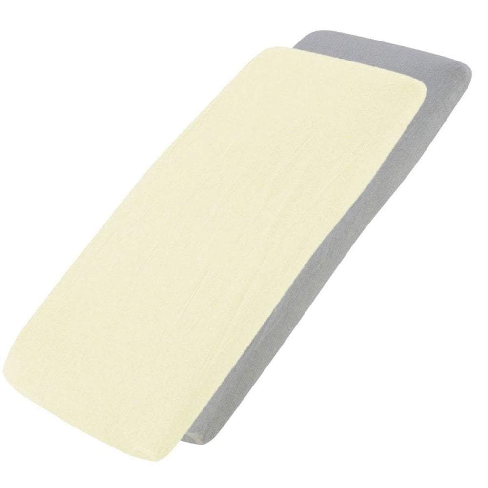 Cream and grey cotton jersey crib fitted sheets on a white background