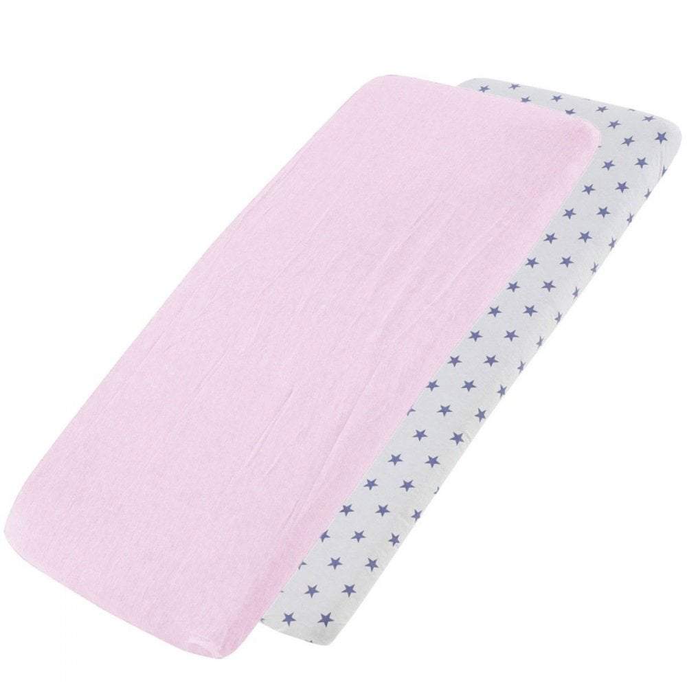 Pink and white blue-star-patterned cotton jersey crib fitted sheets on a white background