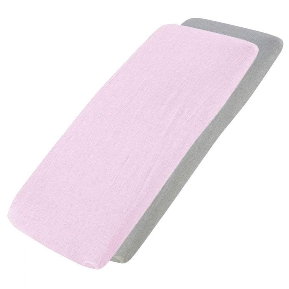 Pink and grey cotton jersey crib fitted sheets on a white background