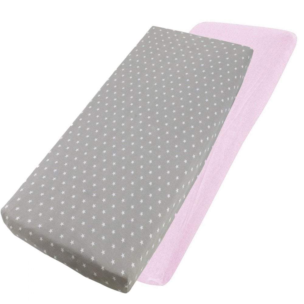 Grey dotted and pink cotton jersey crib fitted sheets on a white background