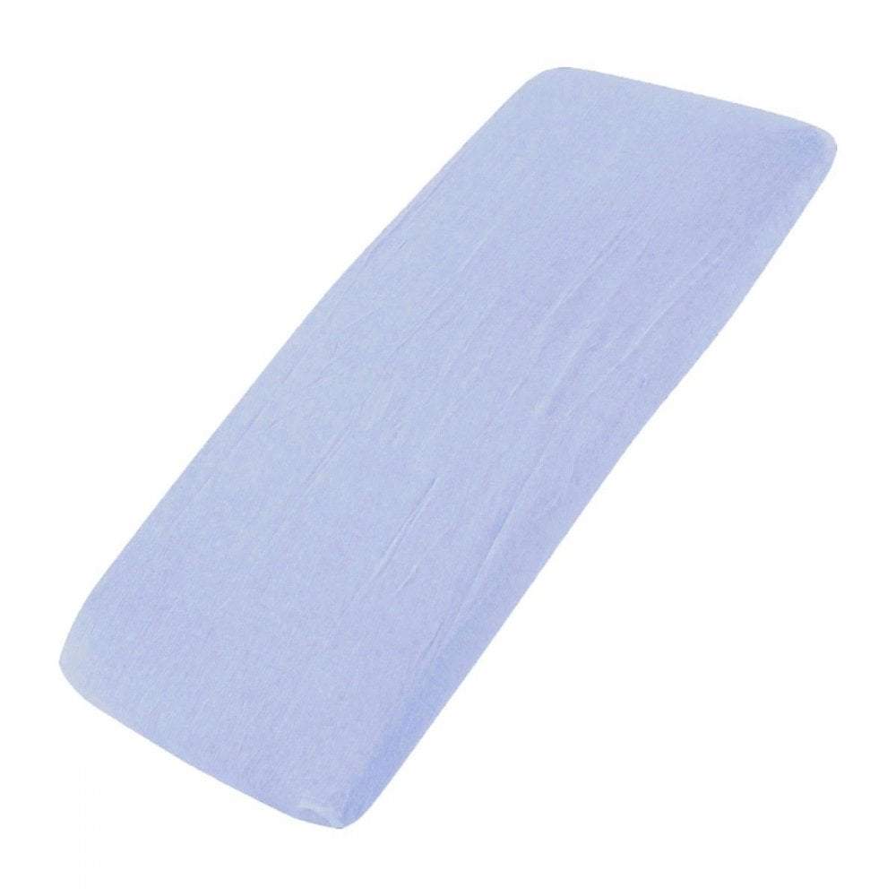 Blue cotton jersey crib fitted sheet on a white background