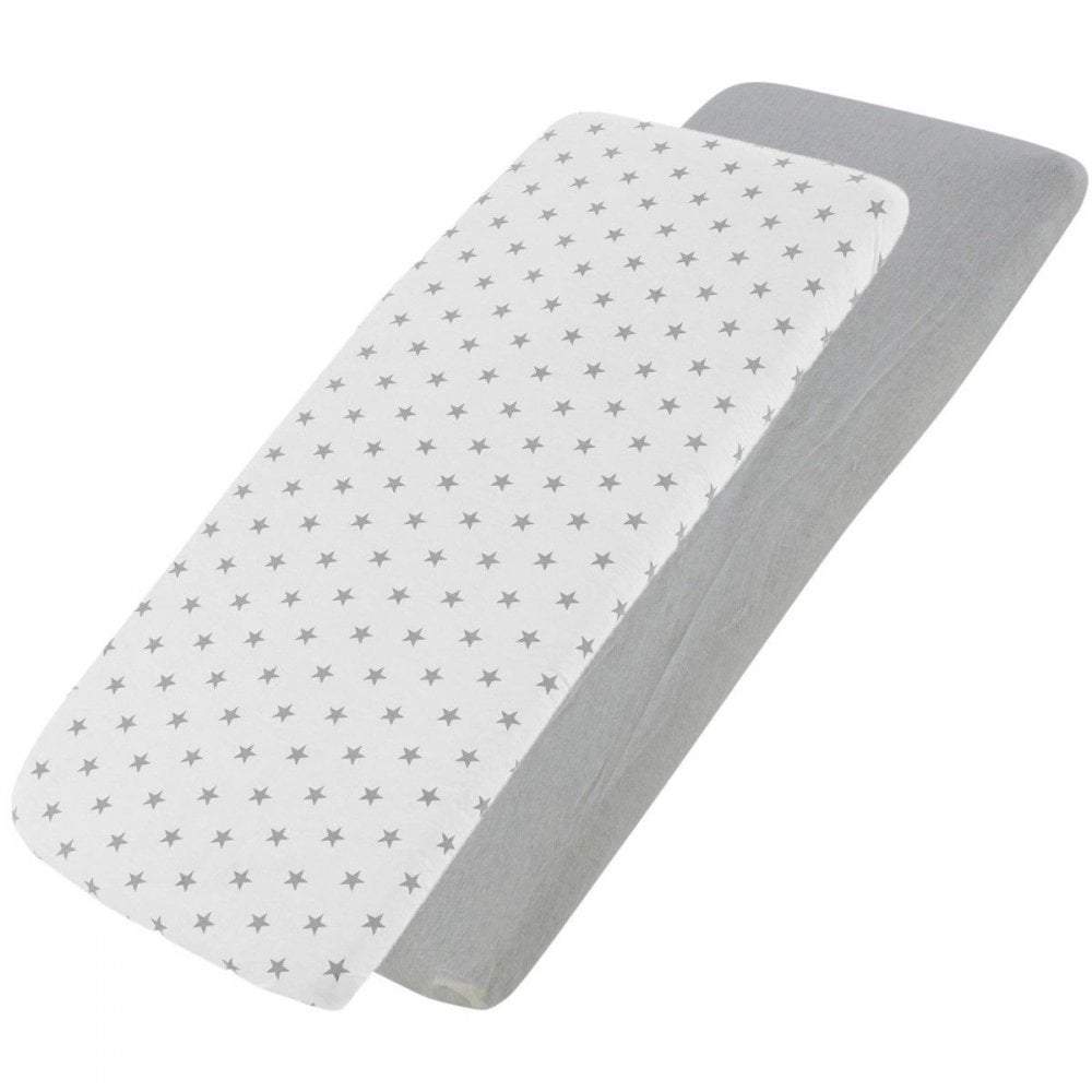 White star-patterned and grey cotton jersey crib fitted sheets on a white background
