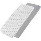 White star-patterned and grey cotton jersey crib fitted sheets on a white background