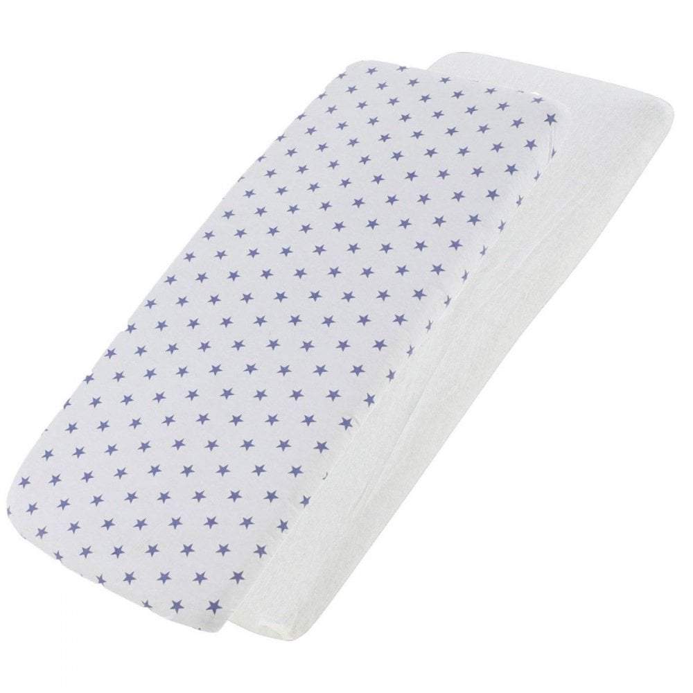 White blue-star-patterned cotton jersey crib fitted sheet on a white background