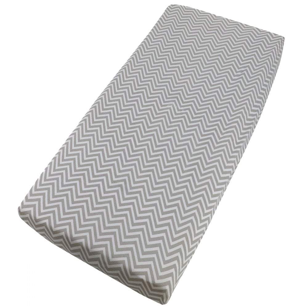 Grey chevron-patterned cotton jersey crib fitted sheet on a white background