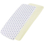 White star-patterned and yellow cotton jersey crib fitted sheets on a white background