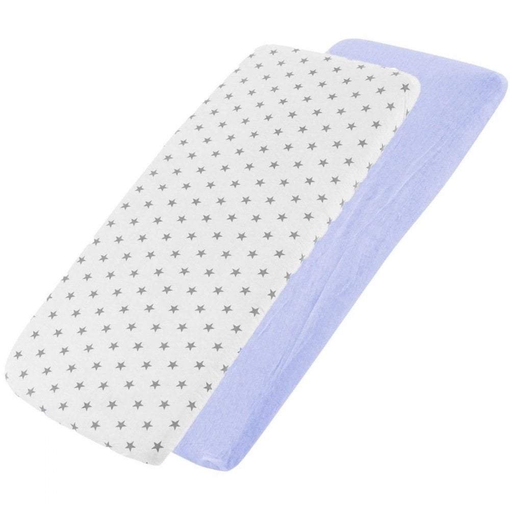 White star-patterned and blue cotton jersey crib fitted sheets on a white background