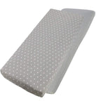 Grey dotted cotton jersey crib fitted sheet on a white background