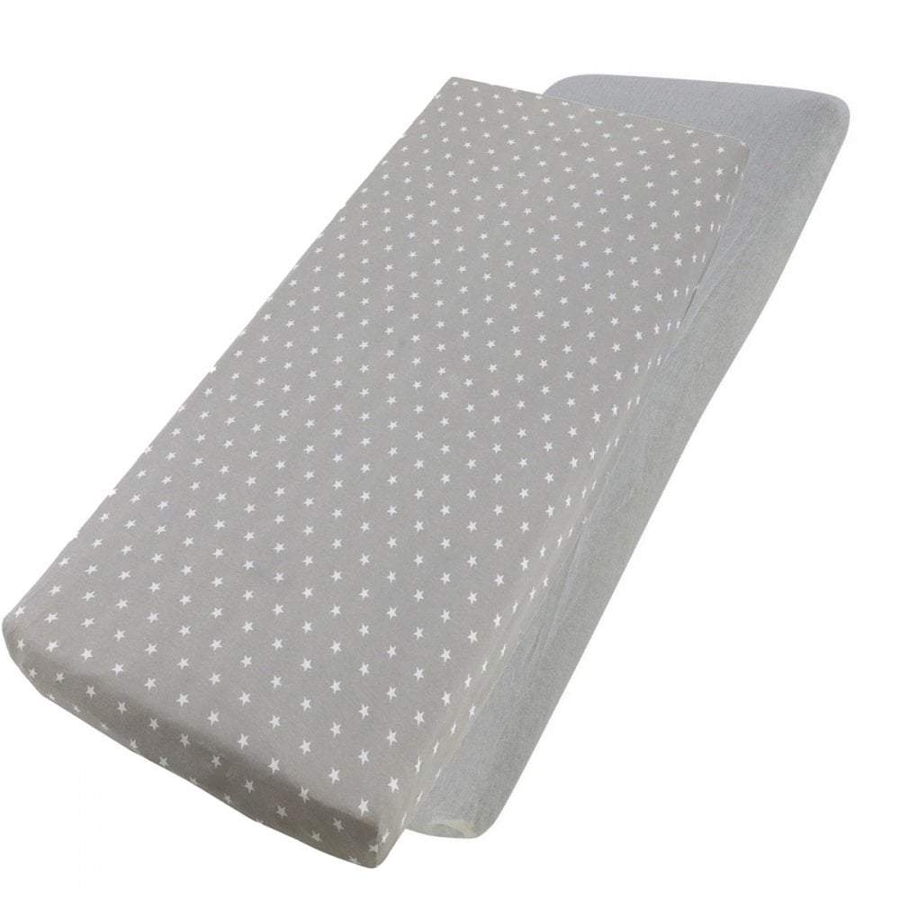 Grey dotted cotton jersey crib fitted sheet on a white background