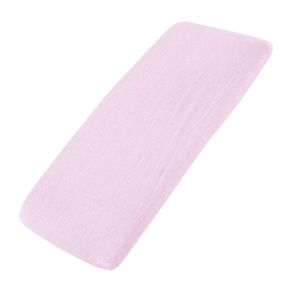 Pink cotton jersey crib fitted sheet on a white background