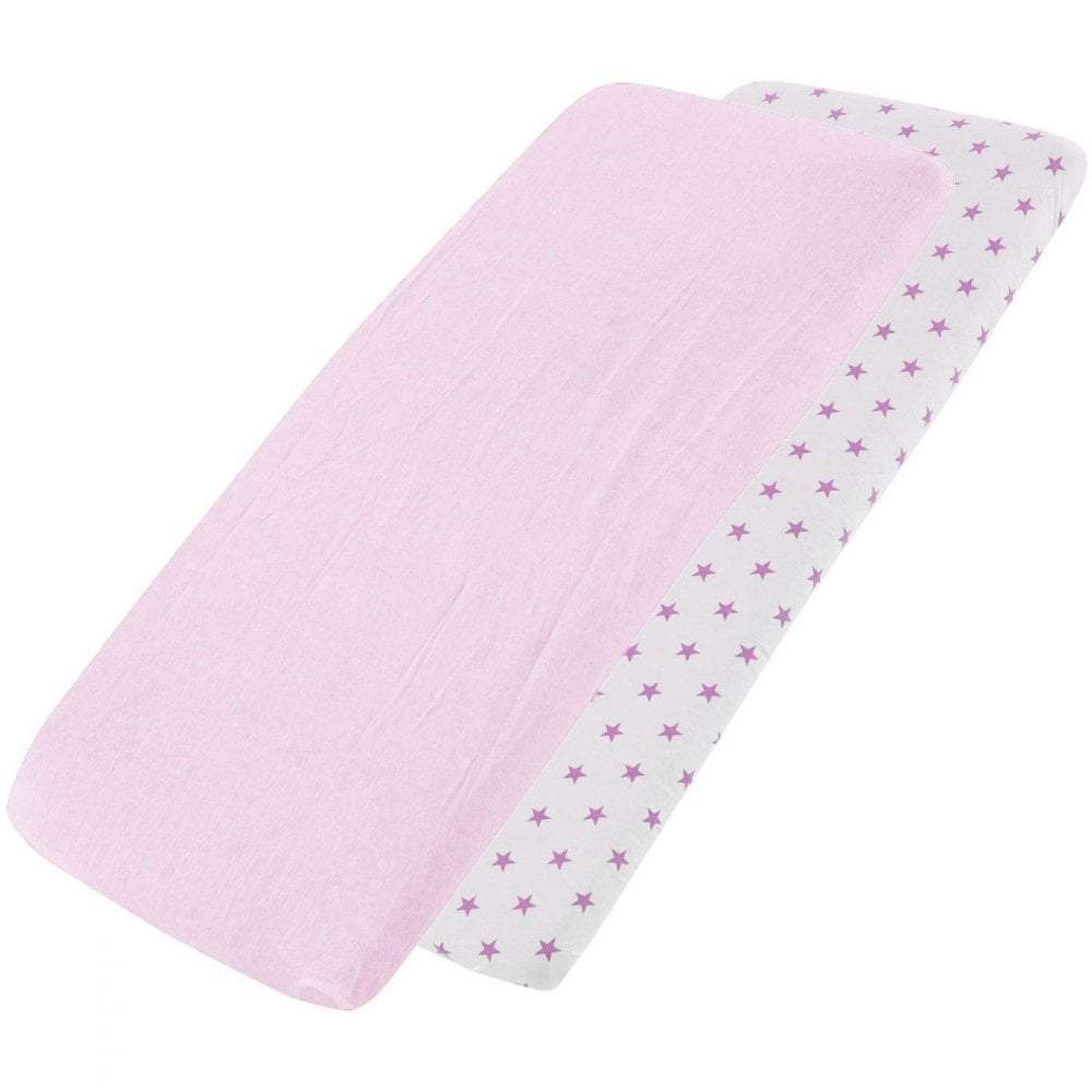 Pink and white pink-star-patterned cotton jersey crib fitted sheets on a white background