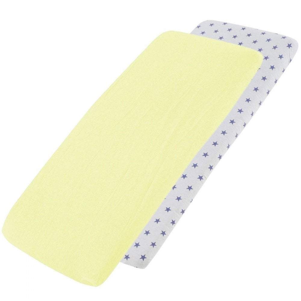 Yellow and white blue-star-patterned cotton jersey crib fitted sheets on a white background