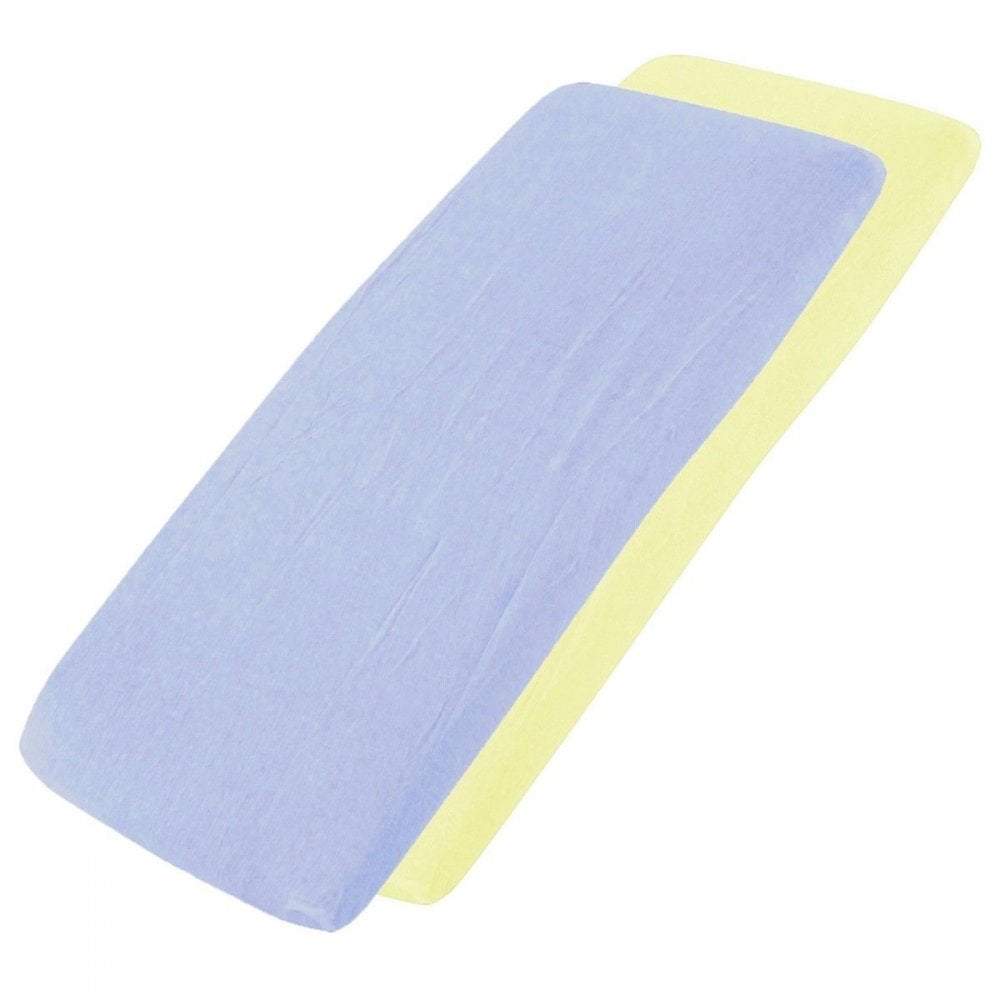 Blue and yellow cotton jersey crib fitted sheets on a white background