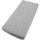 Grey star-patterned cotton jersey crib fitted sheet on a white background