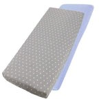 Grey dotted and blue cotton jersey crib fitted sheets on a white background