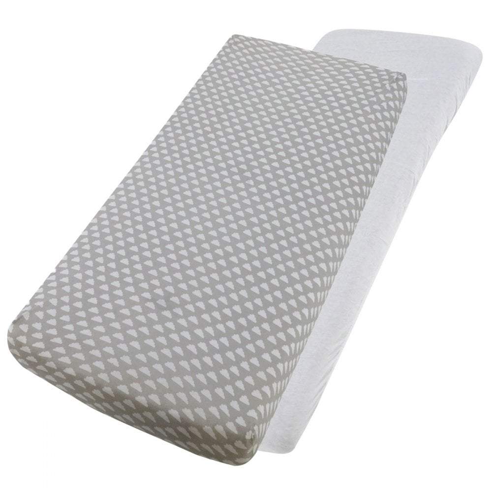 Grey star-patterned and white cotton jersey crib fitted sheets on a white background