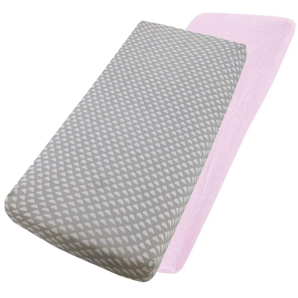 Grey star-patterned and pink cotton jersey crib fitted sheets on a white background