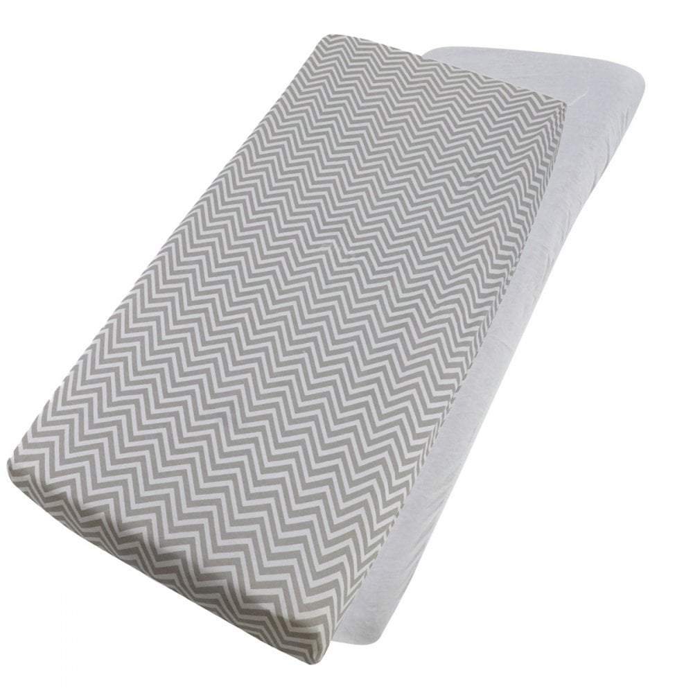 Grey chevron-patterned cotton jersey crib fitted sheet on a white background
