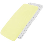 Yellow and white star-patterned cotton jersey crib fitted sheets on a white background