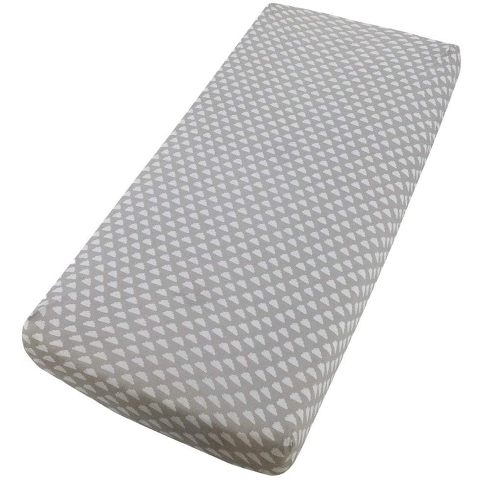 Grey star-patterned cotton jersey crib fitted sheet on a white background
