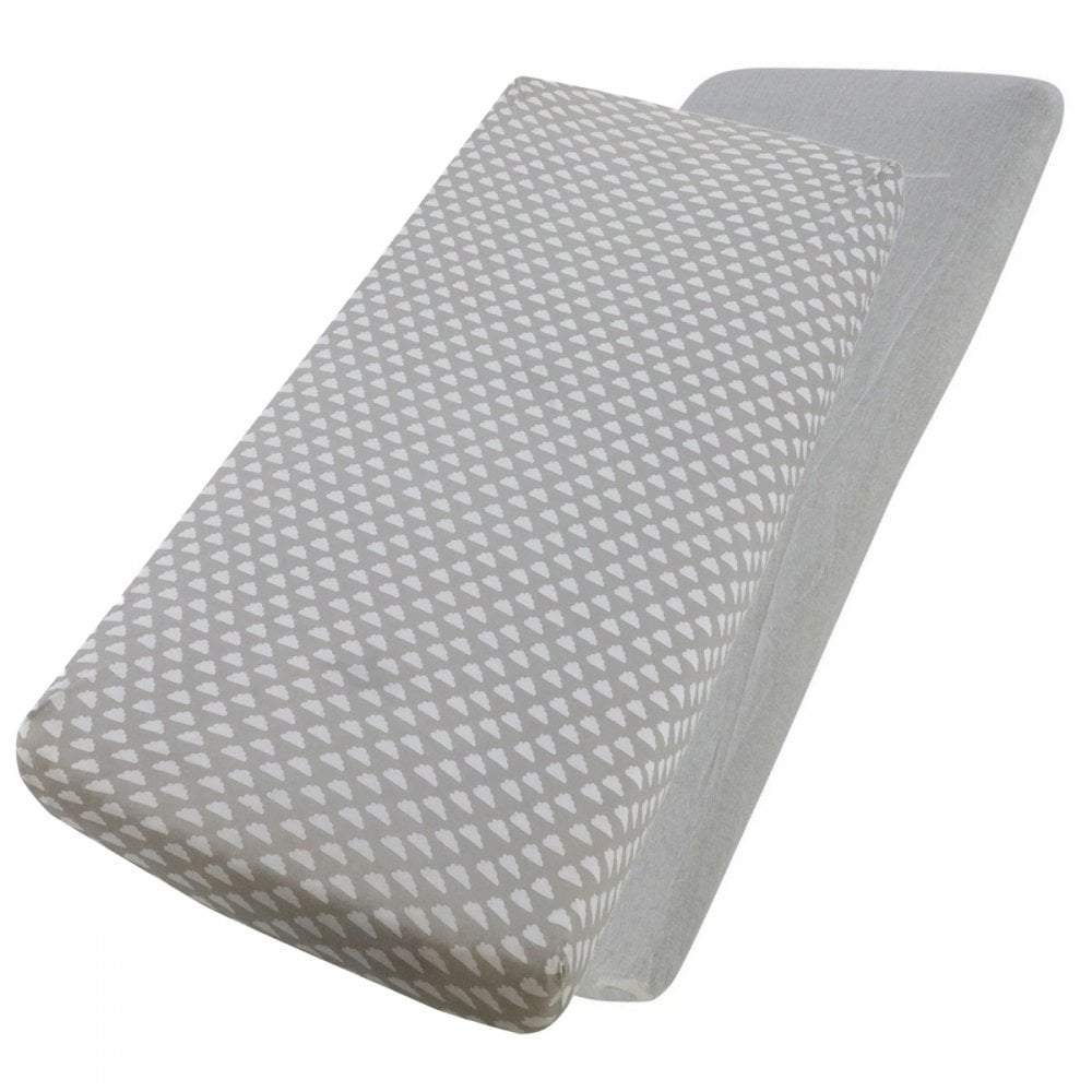 Grey star-patterned cotton jersey crib fitted sheet on a white background