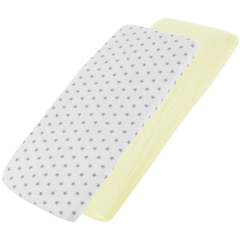 White star-patterned and cream cotton jersey crib fitted sheets on a white background