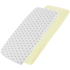White star-patterned and cream cotton jersey crib fitted sheets on a white background