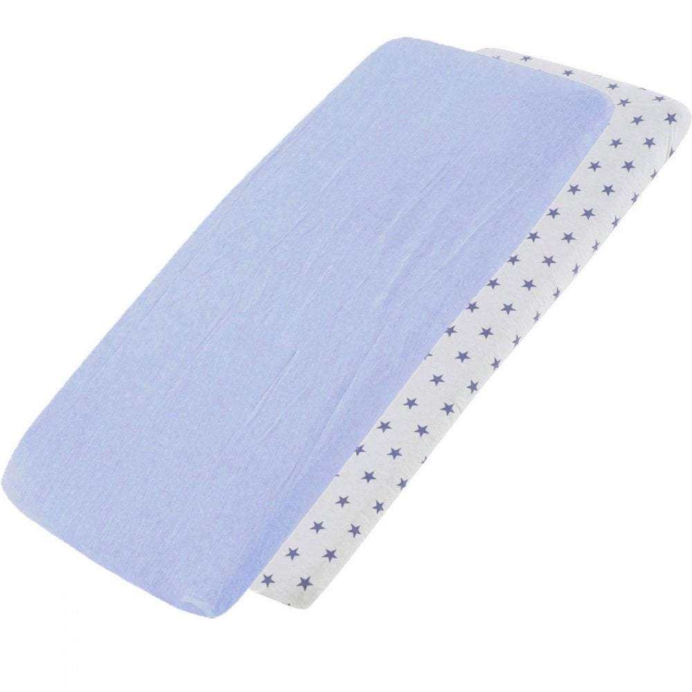 Blue and white blue-star-patterned cotton jersey crib fitted sheets on a white background