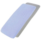 Blue and grey cotton jersey crib fitted sheets on a white background