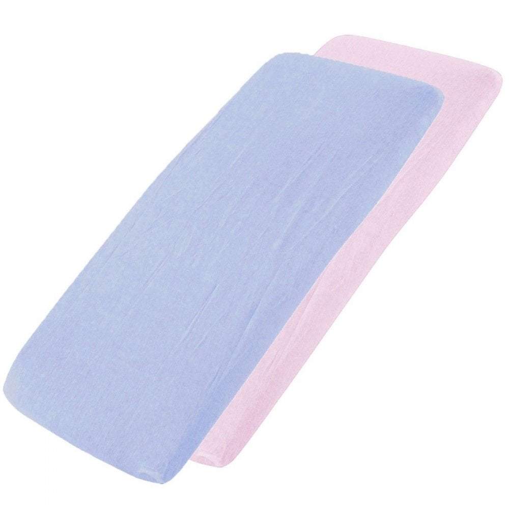 Blue and pink cotton jersey crib fitted sheets on a white background