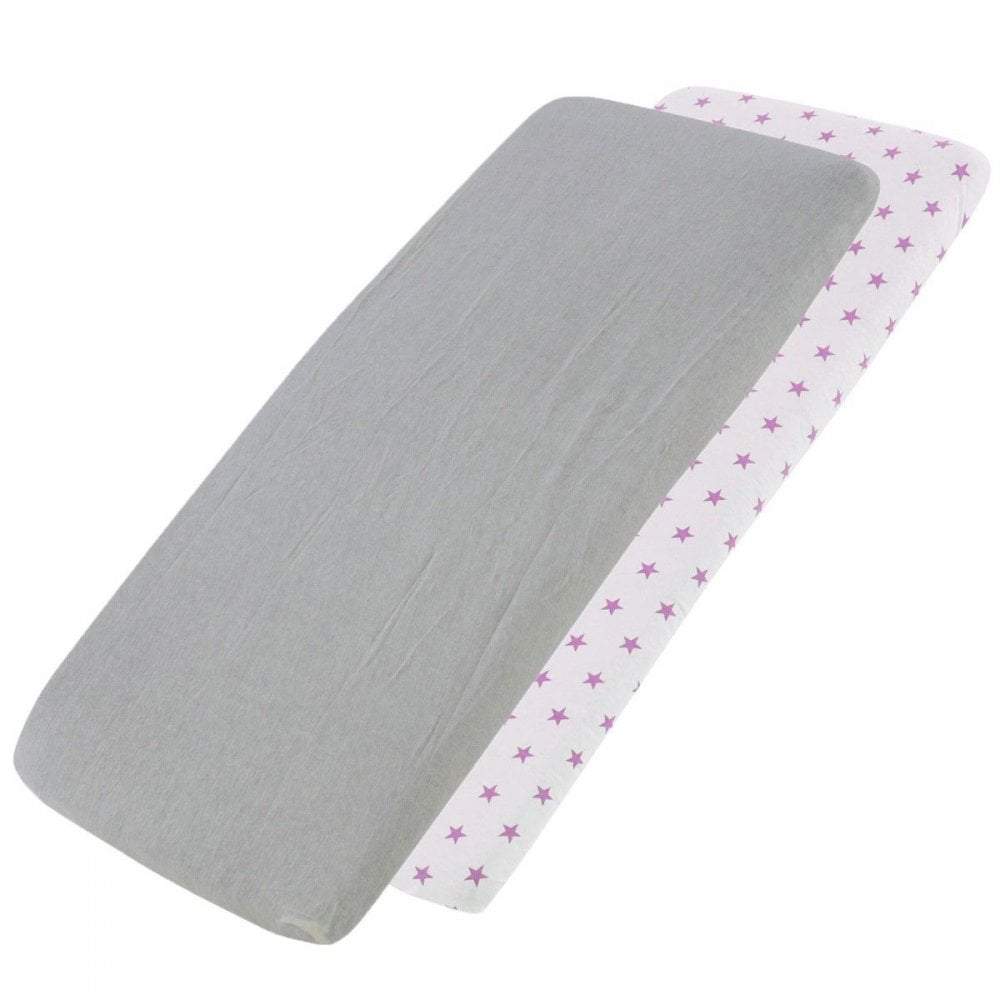Grey and white pink-star-patterned cotton jersey crib fitted sheets on a white background