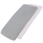 Grey and white pink-star-patterned cotton jersey crib fitted sheets on a white background