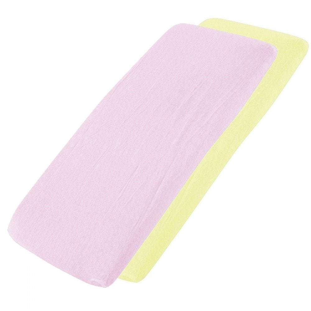 Pink and yellow cotton jersey crib fitted sheets on a white background
