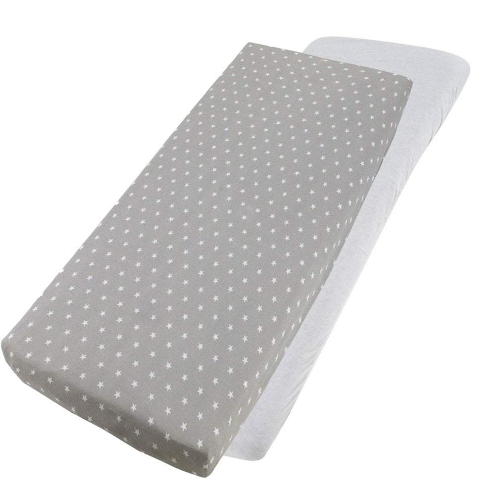 Grey dotted and white cotton jersey crib fitted sheets on a white background