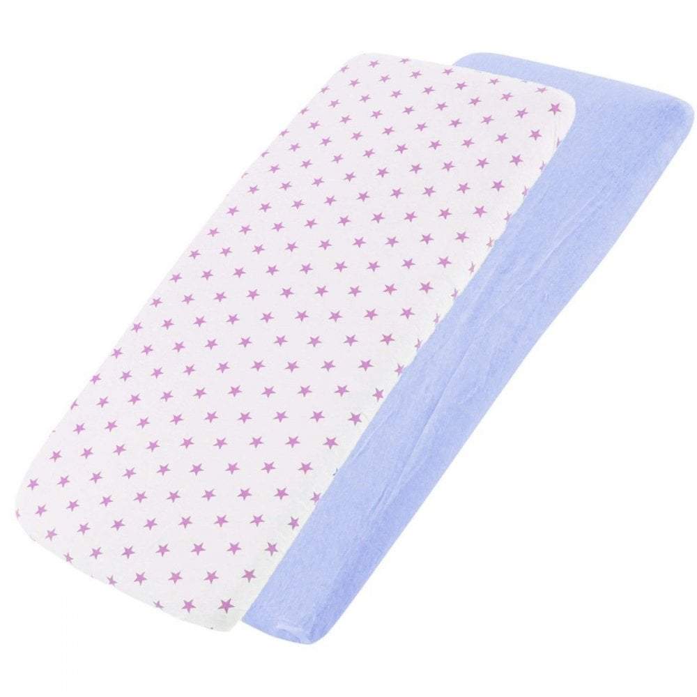 White pink-star-patterned and blue cotton jersey crib fitted sheets on a white background